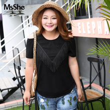 MsShe加大码女装2018新款夏装胖MM弹力针织棉露肩圆领t恤C1720089图片