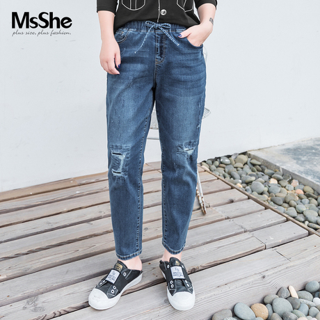 MsShe加大码女装2018新款秋装胖mm松紧腰头破洞牛仔长裤M1833136商品大图