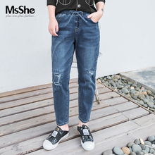 MsShe加大码女装2018新款秋装胖mm松紧腰头破洞牛仔长裤M1833136图片
