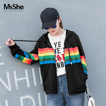MsShe加大码女装2018新款秋装连帽抽绳彩虹条纹撞色外套M1831040图片