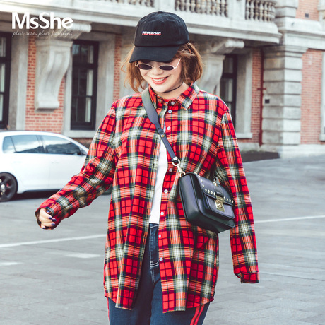 MsShe加大码女装2018新款秋装胖mm英格兰格子衬衫M1843101商品大图