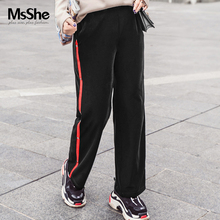 MsShe加大码女装2018新款秋装 撞色边线丝绒阔腿直筒长裤M1833085图片