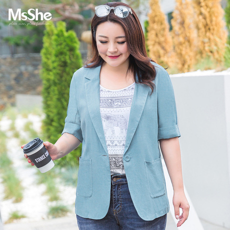 MsShe加大码女装2018新款夏装200斤胖mm职业棉麻西服外套M1823297商品大图