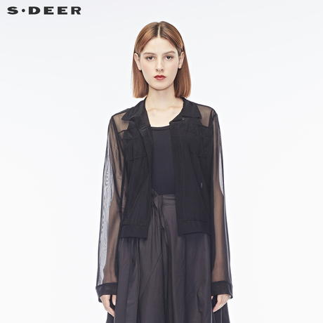 sdeer圣迪奥2018女装春装灵动纱网坎肩短款外套S18182213商品大图