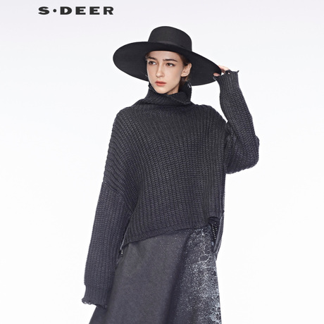 sdeer 圣迪奥女装落肩长袖前短后长慵懒感高领毛衣S18383539商品大图