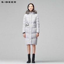 sdeer圣迪奥女休闲毛绒连帽个性贴布装饰直筒长款羽绒服S17482432图片