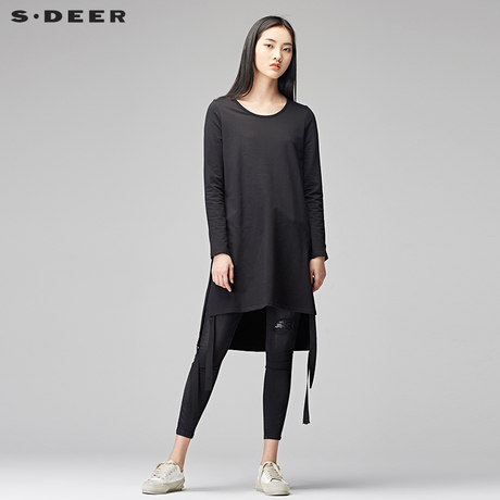 sdeer圣迪奥女酷黑开衩底摆飘带装饰套头圆领长款针织衫S17460241商品大图