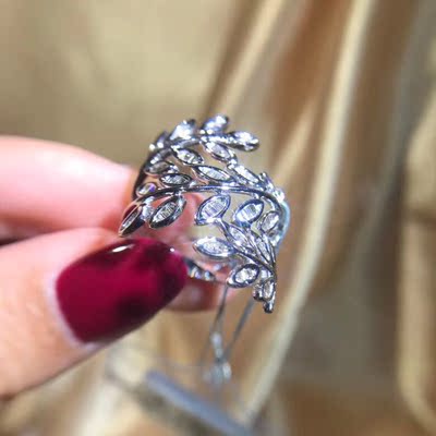 珠宝展成品 18k白金钻石树叶戒指50分天然T方钻石群镶个性首饰女