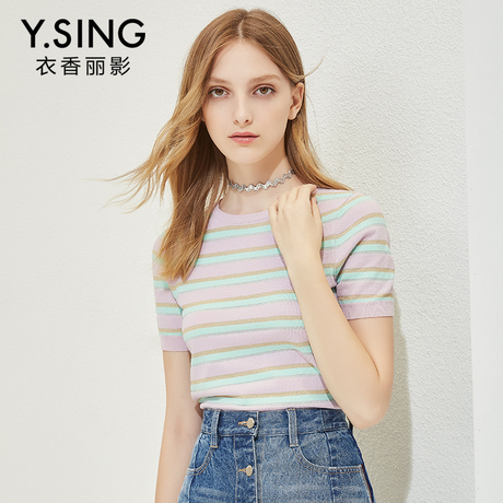 条纹针织衫短袖女衣香丽影2018秋装新款韩范时尚糖果色修身上衣商品大图
