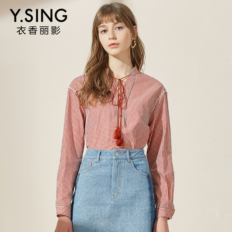 小碎格子衬衫女衣香丽影2018春装新款娃娃领蝴蝶结长袖上衣女打底商品大图