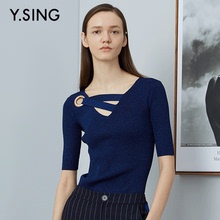 衣香丽影商场同款2018年秋装新款时尚V领五分袖修身针织衫上衣女图片