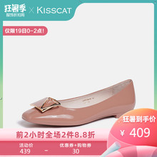 接吻猫2019夏季新款漆皮时尚方头浅口平跟套脚单鞋KA09320-50