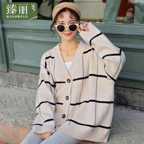 臻丽 2018新款大码女冬装遮肚子胖mm减龄条纹开衫毛衣中长款外套商品大图