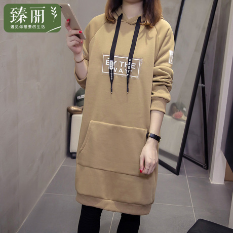 臻丽 2018新款大码秋装女胖妹妹遮肚子中长款连帽卫衣女长袖显瘦商品大图