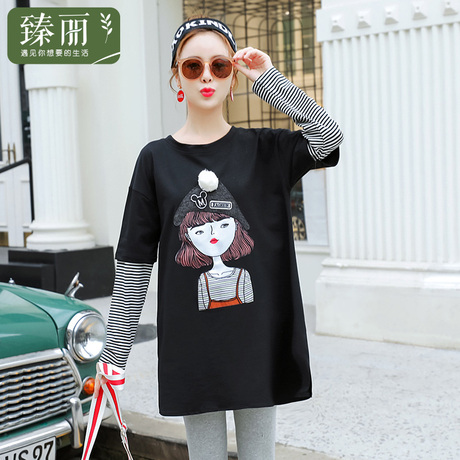 臻丽 新款秋装遮肚子大码女装胖mm卡通长袖t恤女显瘦中长款打底衫商品大图