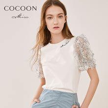 新品 很仙 miss COCOON夏装 圆领拼接蕾丝短袖 女装 字母印花T恤女