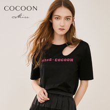 个性 女装 新品 miss COCOON夏装 破洞圆领字母印花短袖 黑色时尚 T恤女
