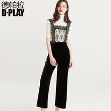 D-PLAY早春款欧美黑色蕾丝背带拼接丝绒高腰阔腿裤百搭休闲长裤