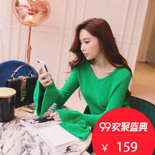 粉红大布娃娃秋冬女2018新款韩版时尚舒适显瘦喇叭袖套头针织毛衫图片