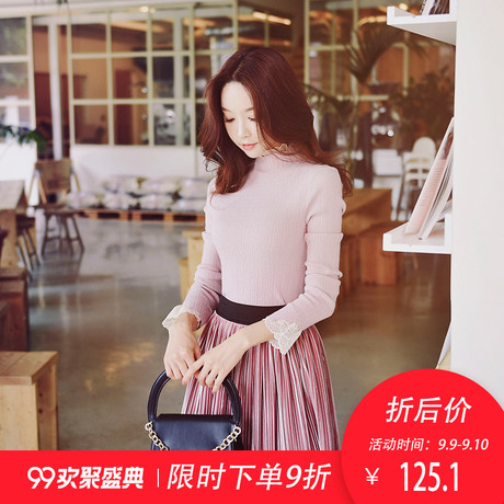 粉红大布娃娃秋冬2018新款淑女优雅时尚修身蕾丝针织衫内搭打底衫商品大图