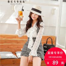 粉红大布娃娃系蝴蝶结波点长袖衬衫图片