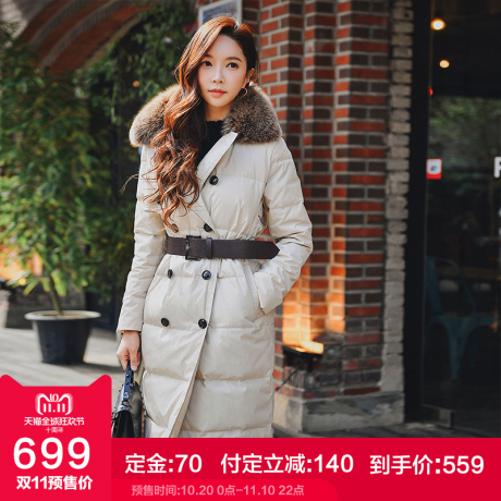 粉红大布娃娃冬装女2018新款时尚加厚保暖显瘦毛领中长款羽绒服商品大图