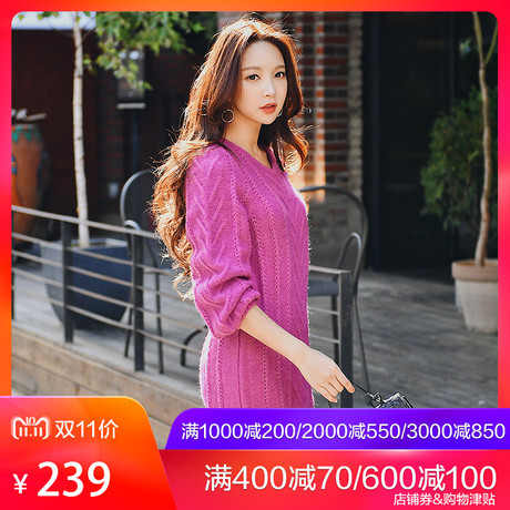 粉红大布娃娃秋冬2018新款时尚淑女优雅宽松中款灯笼袖针织毛衣商品大图