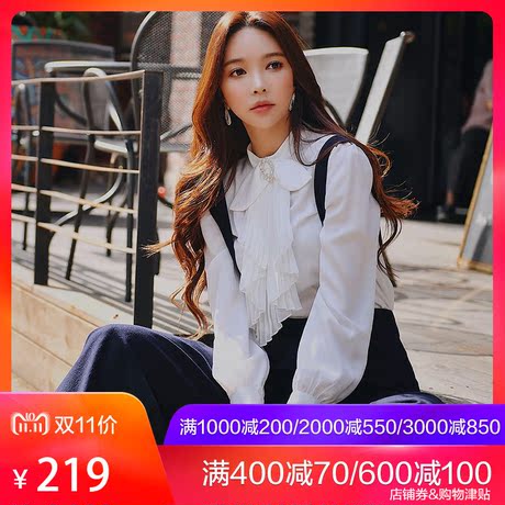 粉红大布娃娃秋冬2018新款时尚甜美淑女荷叶边蝴蝶结领白色衬衫商品大图