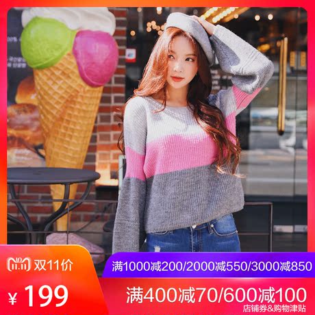 粉红大布娃娃秋冬女装2018新款时尚休闲甜美撞色慵懒风套头毛衣商品大图