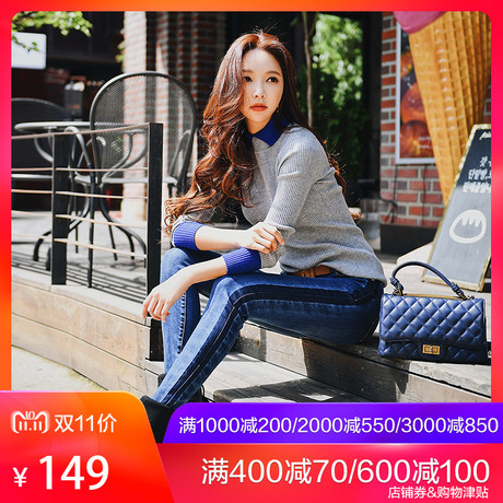 粉红大布娃娃秋冬装2018新款时尚淑女修身显瘦撞色翻领打底针织衫商品大图