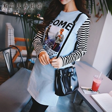 粉红大布娃娃长袖连衣裙春装新款韩版女装修身印花条纹连衣裙图片