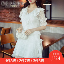 粉红大布娃娃连衣裙夏2017新款时尚女装网纱荷叶边淑女点点连衣裙图片