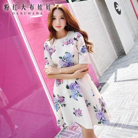 连衣裙 女粉红大布娃娃2017新款秋季时尚女装印花收腰名媛连衣裙商品大图