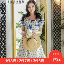 粉红大布娃娃印花连衣裙夏2018新款韩版甜美露肩撞色荷叶边碎花裙图片
