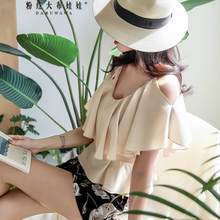 衬衫女粉红大布娃娃夏装2018新韩版气质V领荷叶边裸肩收腰衬衣图片
