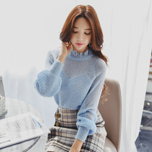 粉红大布娃娃秋冬2018新款女装时尚淑女舒适拼接灯笼袖针织毛衫