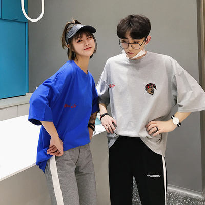 文艺男女装韩版情侣棉宽松绣花学生短袖T恤班服潮