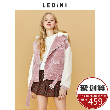 乐町菱形格纹拼毛棉衣2018冬装新款女装上衣拼接宽松棉服外套长袖商品大图