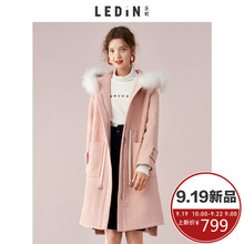 乐町连帽抽绳毛呢外套2018冬季新款女装毛领中长款过膝呢子大衣图片