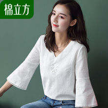 软妹春季上衣女七分喇叭袖棉立方2018新款女装纯棉小清新宽松t恤图片