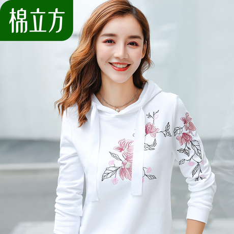 白色清新休闲卫衣女连帽秋装2018新款棉立方文艺慵懒风刺绣女上衣商品大图