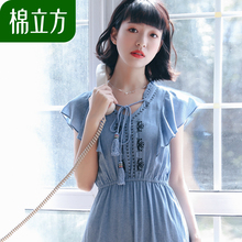 收腰遮肚连衣裙棉立方2018夏装新款女装木耳边端庄大气温柔风裙子图片