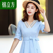 小个子高腰连衣裙女夏2018新款棉立方复古小清新收腰显瘦纯棉裙子图片