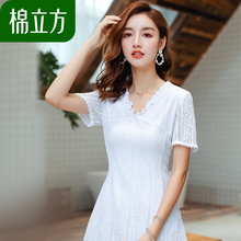 甜美修身V领蕾丝连衣裙女夏季2018新款棉立方气质温柔裙超仙少女图片