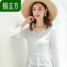 白色宽松甜美绣花丝麻感上衣女秋装2018新款棉立方气质女士雪纺衫图片