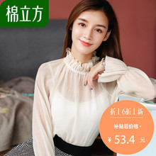 温柔小清新打底衫女秋季2018新款棉立方白色宽松t恤长袖甜美上衣图片