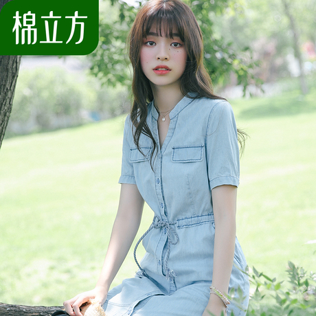 温柔修身纯棉冷淡风连衣裙女夏季2018新款棉立方气质收腰牛仔长裙商品大图
