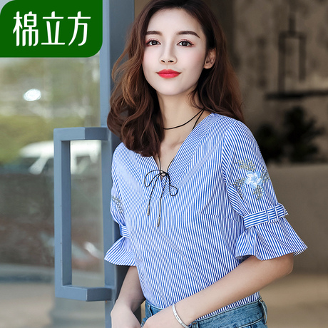 刺绣条纹纯棉T恤女短袖2018新款棉立方夏装气质少女V领宽松上衣商品大图