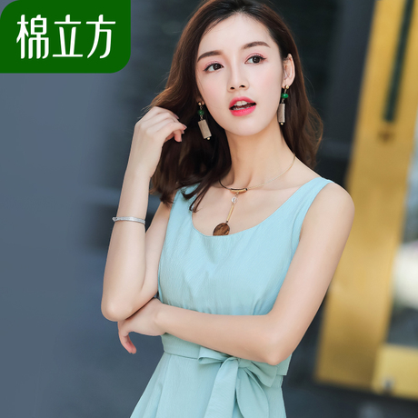 微露锁骨收腰连衣裙女夏季2018新款棉立方气质休闲海边冷淡风裙子商品大图