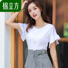 格子拼接假两件连衣裙女夏季2018新款棉立方气质甜美小个子仙女裙图片